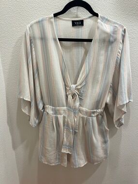 VICI Cream Pastel Striped Tie-Front Blouse